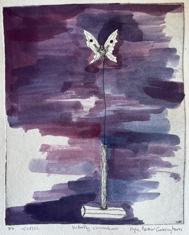 Alternate color version of Butterfly Conundrum with a white butterfly and hammer against bold washes of purple and violet watercolor filling the background, creating a moody nighttime atmosphere.