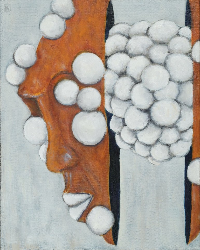 Oil painting of white spherical forms clustered against an orange-brown vertical shape, split by a dark gap from a dense mass of white spheres on the right, all set against a pale blue-gray background.