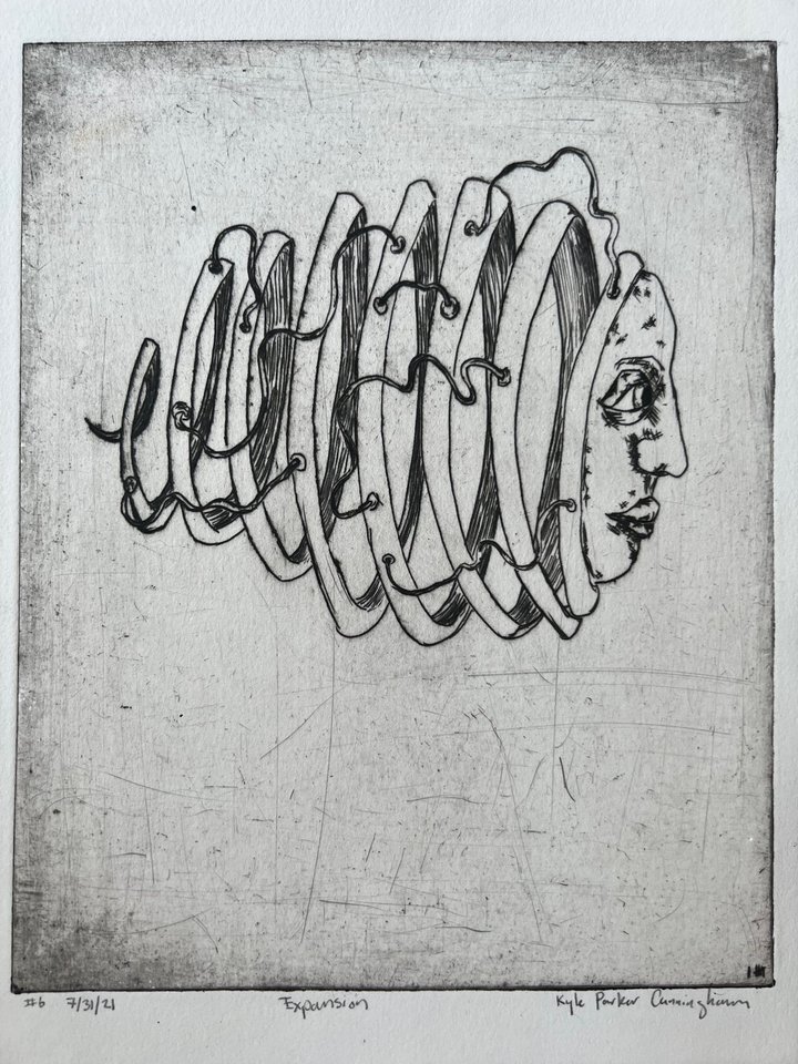 Drypoint intaglio print of a surreal face in profile with the head sliced into accordion-like vertical segments that fan outward, rendered in black ink on Rives BFK paper with visible plate tone.