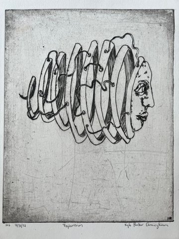 Drypoint intaglio print of a surreal face in profile with the head sliced into accordion-like vertical segments that fan outward, rendered in black ink on Rives BFK paper with visible plate tone.
