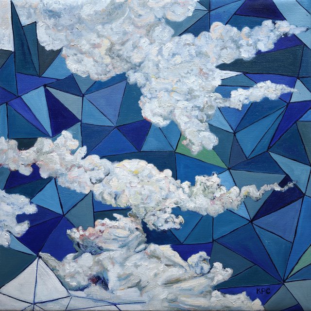 Oil painting of white impasto clouds drifting diagonally across a fragmented, geometric sky composed of angular blue and teal triangular facets in varying shades from light cerulean to deep navy.