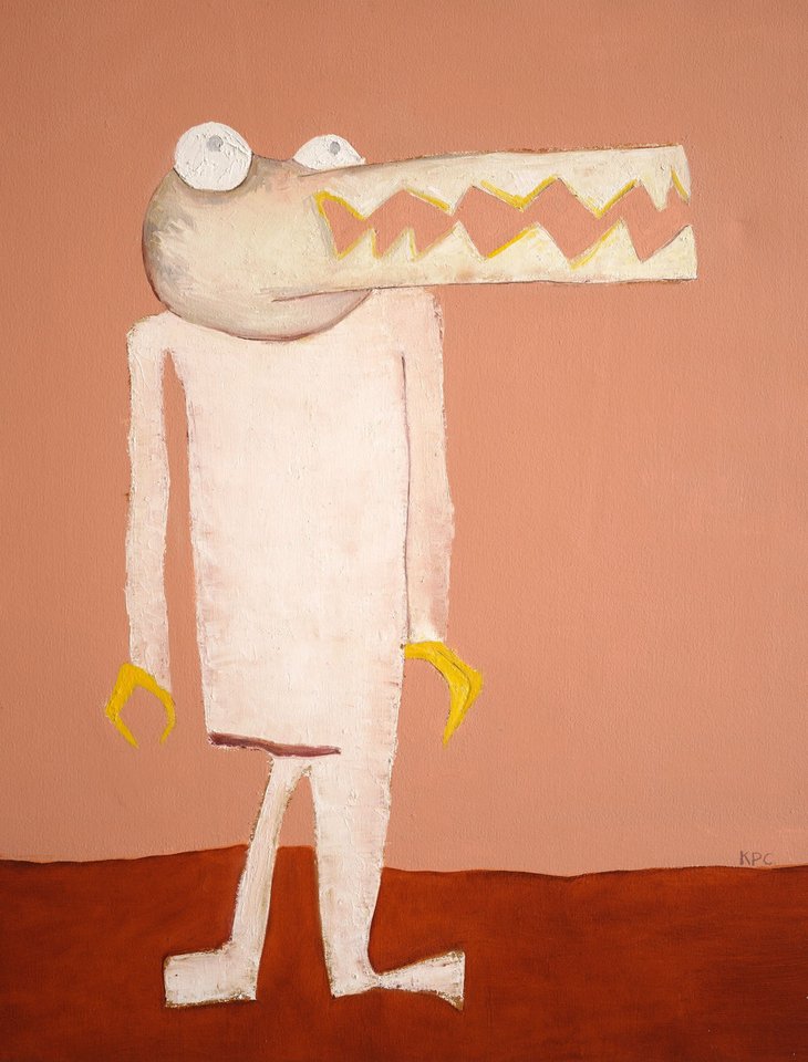 Mixed-media painting of a whimsical upright crocodile-like creature with a long toothy snout, white body, and yellow claws, standing on a dark rust-colored ground against a muted pink background.