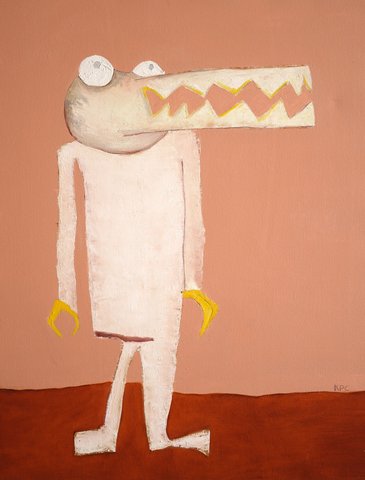 Mixed-media painting of a whimsical upright crocodile-like creature with a long toothy snout, white body, and yellow claws, standing on a dark rust-colored ground against a muted pink background.