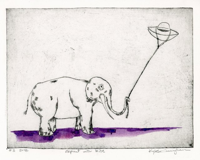 Hand-colored variant of the elephant and kite print with rich purple and violet watercolor washes along the ground, the elephant rendered in black drypoint linework flying its saucer-shaped kite on a string.