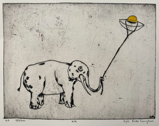 Drypoint intaglio print of an elephant holding a string with its trunk, flying a small saucer-shaped kite with a yellow watercolor sphere, rendered in black ink on cream paper.
