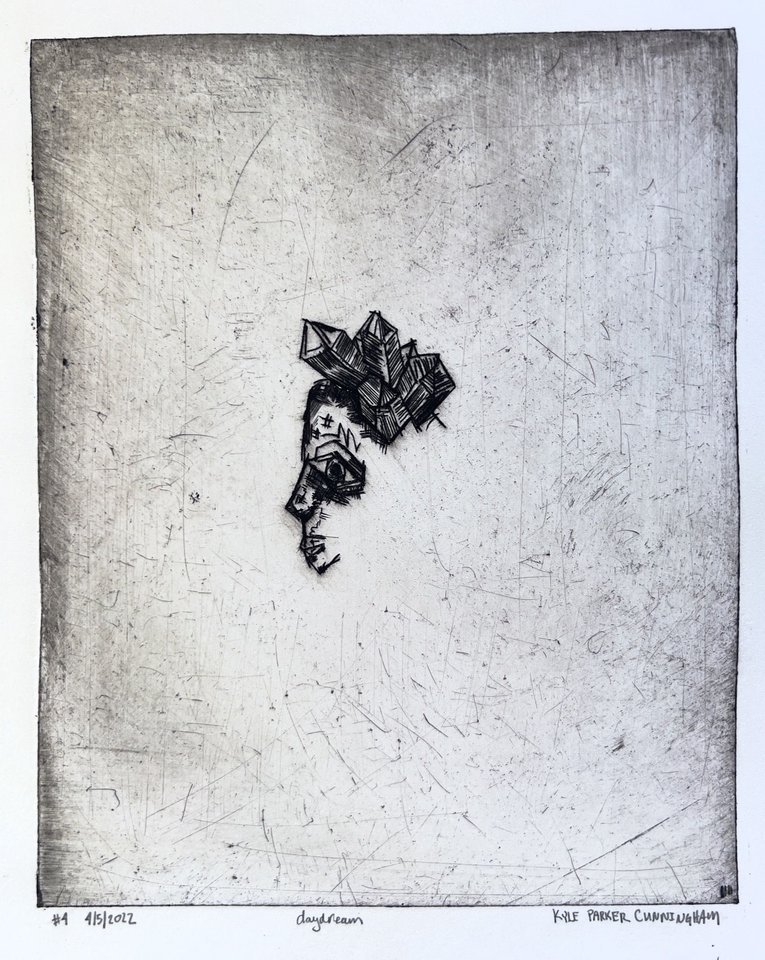 Black and white intaglio print of a small face in profile at center, crowned with angular crystalline geometric forms, floating against a vast scratched and textured gray field.