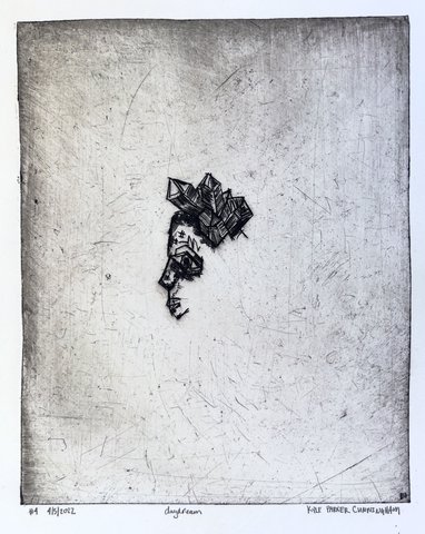 Black and white intaglio print of a small face in profile at center, crowned with angular crystalline geometric forms, floating against a vast scratched and textured gray field.