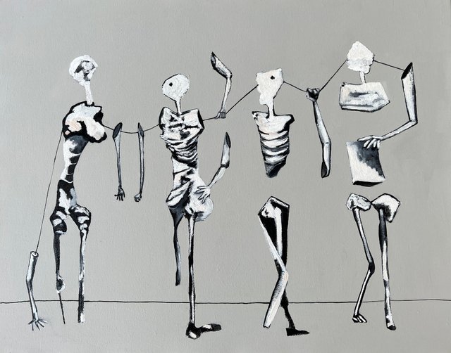 Painting on a flat grey ground of four attenuated black-and-white figures standing on long thin legs, passing a line between their raised hands, with detached arms and legs walking on their own beside them.