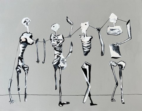 Painting on a flat grey ground of four attenuated black-and-white figures standing on long thin legs, passing a line between their raised hands, with detached arms and legs walking on their own beside them.