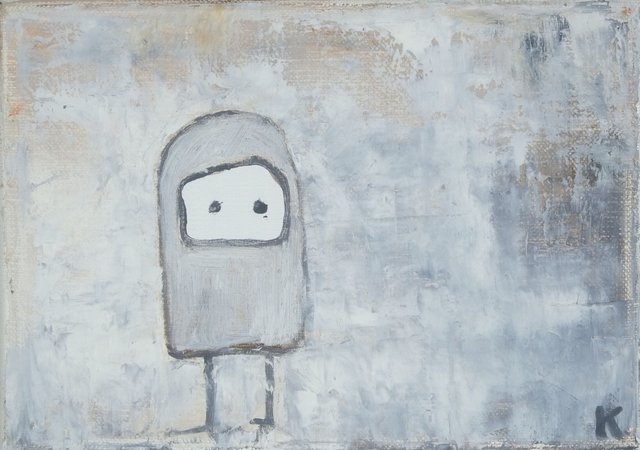 Small oil painting on gesso panel of a simple rounded figure with two dark eyes and short legs, rendered in pale gray and white against a textured gray-white background.