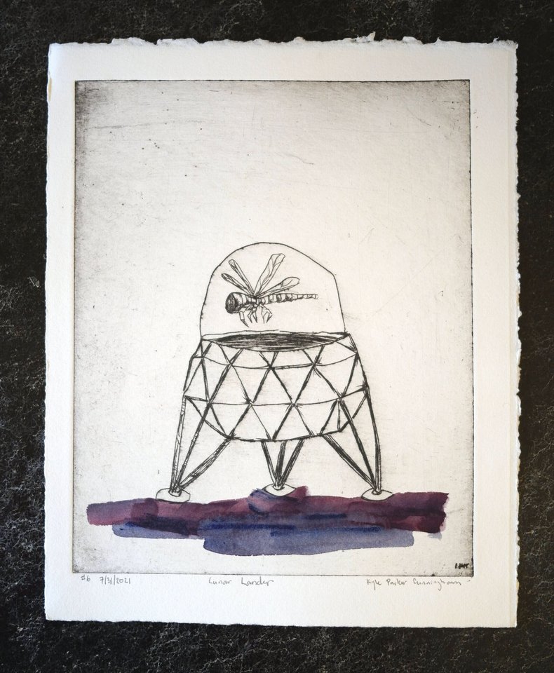 Drypoint intaglio print of a geometric lunar lander module with a dragonfly resting on its dome, standing on four legs above a purple and maroon watercolor ground, on handtorn cream paper.