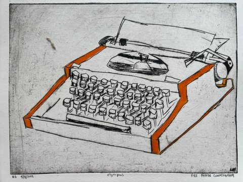 Intaglio drypoint print of a vintage Olympus typewriter viewed from a three-quarter angle, showing rows of round keys and the platen, with the body outlined in hand-colored orange accents against a scratched gray background.
