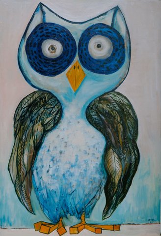 Oil painting of a large stylized owl facing forward, its enormous dark blue eyes ringed with speckled irises, orange beak and blocky orange feet, wings of layered grey-green feathers over a pale blue body.