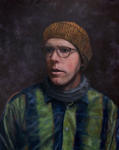 Realistic oil painting of a man wearing round glasses, a mustard-yellow knit beanie, and a green-and-blue plaid flannel shirt with a gray scarf, against a dark moody background.