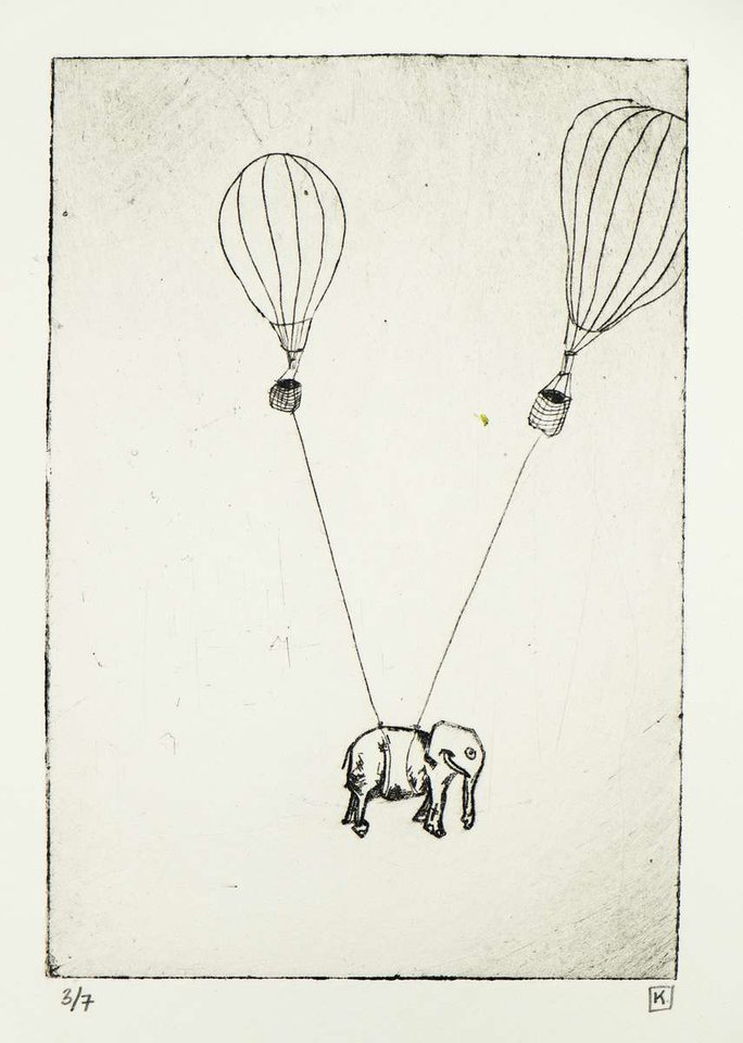 Drypoint intaglio print of a small elephant suspended in midair by two hot air balloons connected with ropes, rendered in black ink on cream paper with visible plate marks.