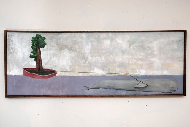 Panoramic oil on linen painting of a gray whale towing a red boat carrying a tall green sequoia tree across a lavender sea, beneath a pale gray and white sky.