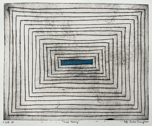 Drypoint intaglio print of concentric rectangles receding toward the center in a tunnel-like perspective, with a small teal-blue rectangle at the innermost point, hand-colored with watercolor and gouache on cream paper.