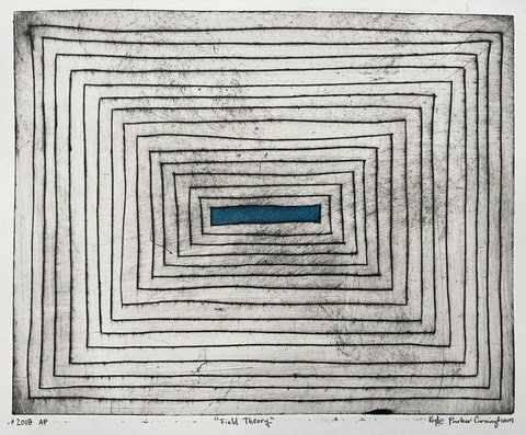 Drypoint intaglio print of concentric rectangles receding toward the center in a tunnel-like perspective, with a small teal-blue rectangle at the innermost point, hand-colored with watercolor and gouache on cream paper.