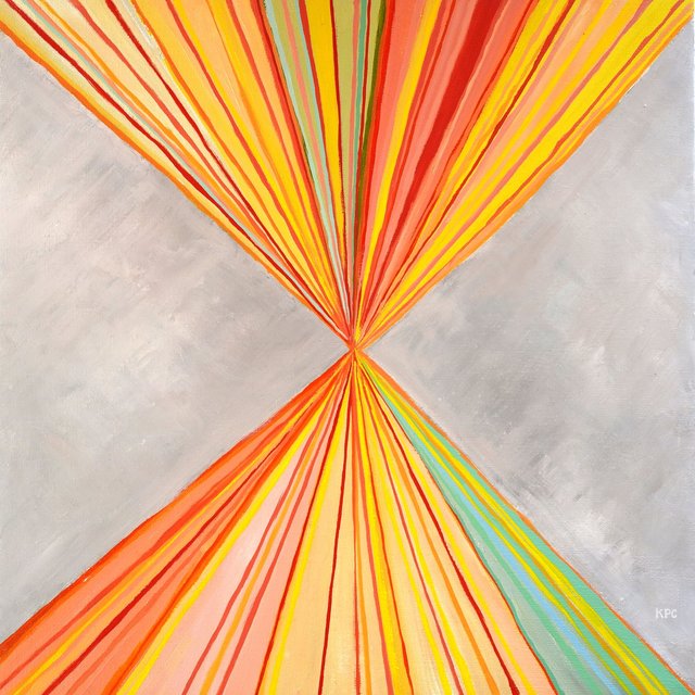 Oil painting of radiating lines in warm reds, oranges, yellows, and touches of teal converging at a central point to form an hourglass or bowtie shape against a soft gray background.