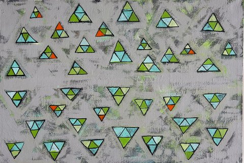Oil and spray paint on linen featuring dozens of small multicolored triangles — in greens, teals, light blues, and occasional oranges — scattered across a textured gray background, with upward-pointing triangles in the top half and inverted ones below.