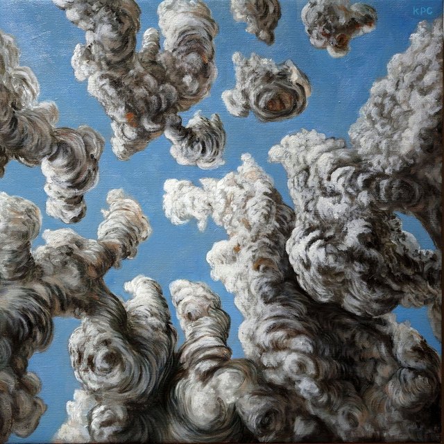 Oil painting depicting a dramatic upward perspective of towering cumulus clouds rendered in thick, sculptural white and gray brushstrokes against a vivid blue sky, with massive cloud columns rising from the bottom of the canvas.