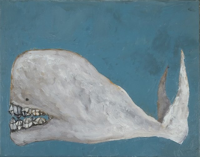 Oil painting of a white whale with crystalline, faceted teeth in an open mouth, set against a teal blue background.