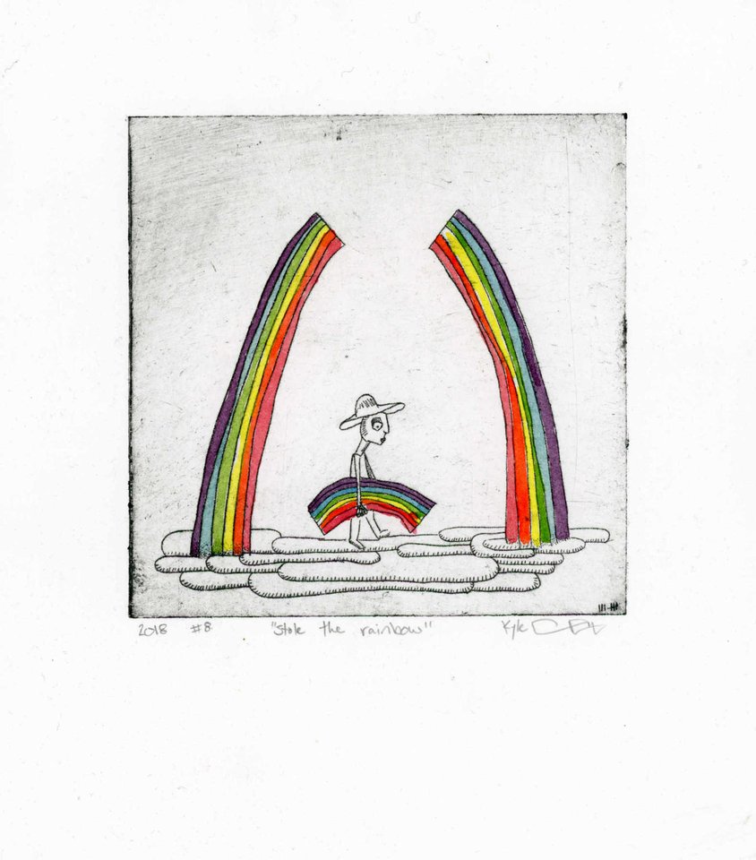 Drypoint intaglio print hand-colored with watercolor, showing a small figure in a hat walking away while carrying a stolen section of rainbow, with two broken rainbow arcs in purple, green, red, orange, and yellow rising from clouds on either side.