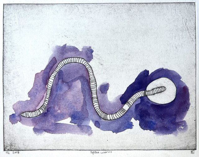 Intaglio drypoint print of a long segmented worm, ribbed like a spine, looping across loose purple and violet watercolour washes toward a white circle at the right edge. Titled and signed in pencil below the plate.