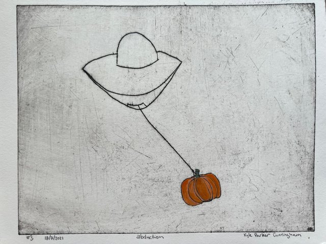 Intaglio drypoint print in fine line: the outline of a flying saucer tethered by a single taut line to a small hand-coloured orange pumpkin on the ground below, on a lightly scratched grey plate tone. Dated and signed in pencil.