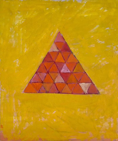 Oil painting of a triangle composed of smaller triangles in varying shades of orange, pink, and red, centered on a textured yellow field.