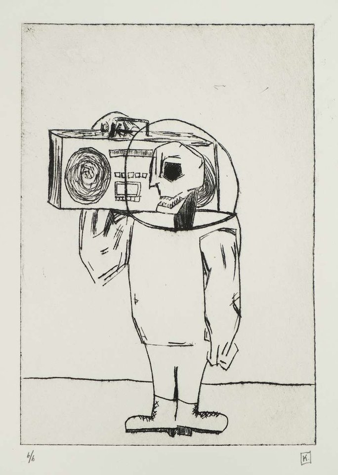 Drypoint intaglio print of a skeleton figure wearing a space helmet and holding a boombox on its shoulder, rendered in black ink on cream paper with crosshatched line work.