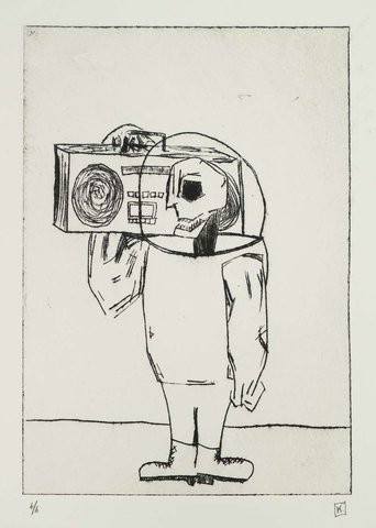 Drypoint intaglio print of a skeleton figure wearing a space helmet and holding a boombox on its shoulder, rendered in black ink on cream paper with crosshatched line work.