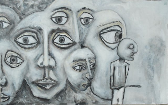Oil painting of multiple overlapping gray-toned faces with large expressive eyes crowding the composition, alongside a small standing figure in profile on the right, rendered in monochromatic grays and whites.