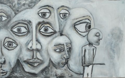 Oil painting of multiple overlapping gray-toned faces with large expressive eyes crowding the composition, alongside a small standing figure in profile on the right, rendered in monochromatic grays and whites.