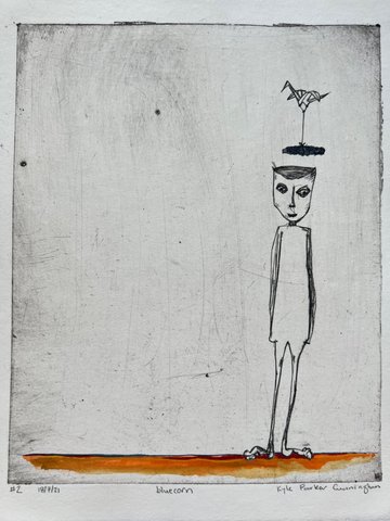 Intaglio drypoint print of a tall, slender figure with a solemn face and an origami crane perched atop its head, standing on a warm orange-and-red hand-colored ground line against a pale scratched background.