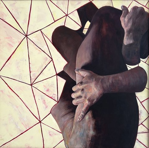 Oil painting of two embracing figures rendered in dark, warm skin tones, their bodies intertwined against a pale yellow background overlaid with angular red geometric lines.
