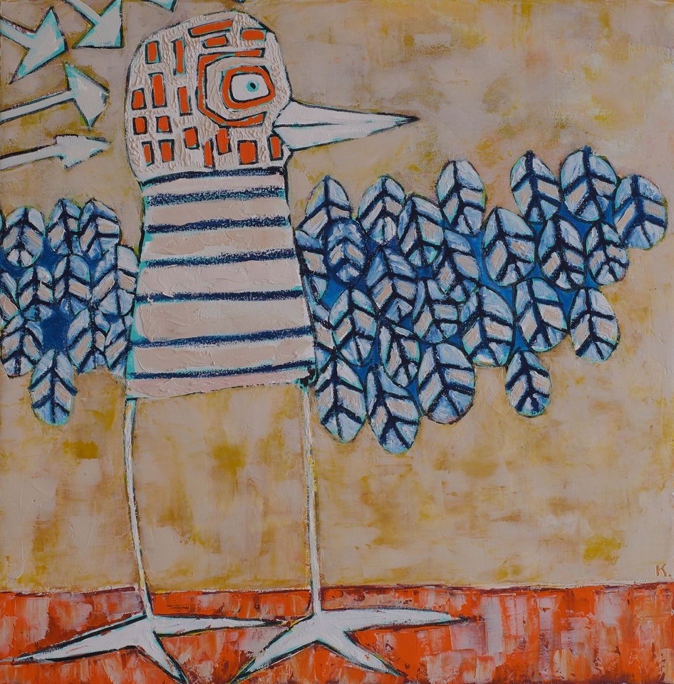 Oil painting of a stylized bird with a geometric patterned head in orange and cream, blue leaf-shaped feathers for wings and tail, standing on long thin legs against a golden-tan background with a red-orange ground line.