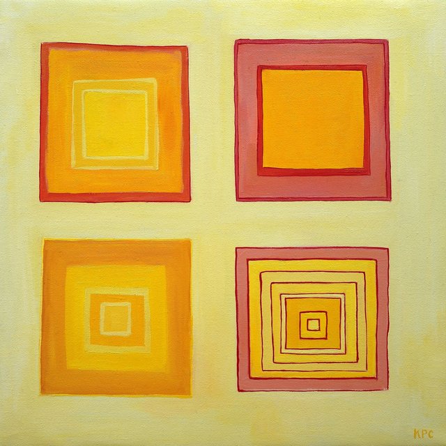 Oil painting of four concentric nested squares arranged in a two-by-two grid on a pale yellow background, each rendered in warm oranges, yellows, and reds with varying levels of detail from simple to tightly spiraling inward.