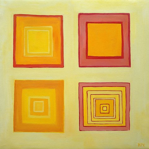 Oil painting of four concentric nested squares arranged in a two-by-two grid on a pale yellow background, each rendered in warm oranges, yellows, and reds with varying levels of detail from simple to tightly spiraling inward.