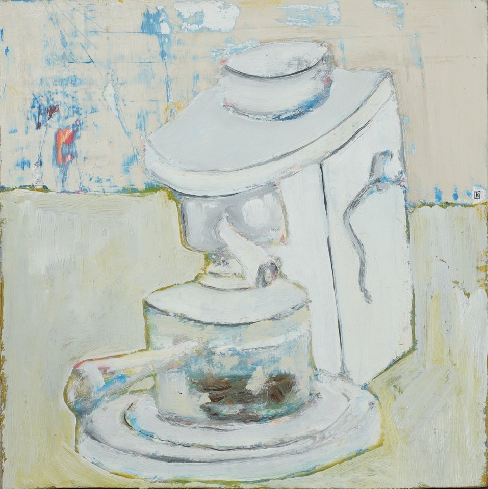 Oil painting of a white espresso machine rendered in thick impasto brushstrokes, with a cup on the drip tray, set against a pale cream and blue background.