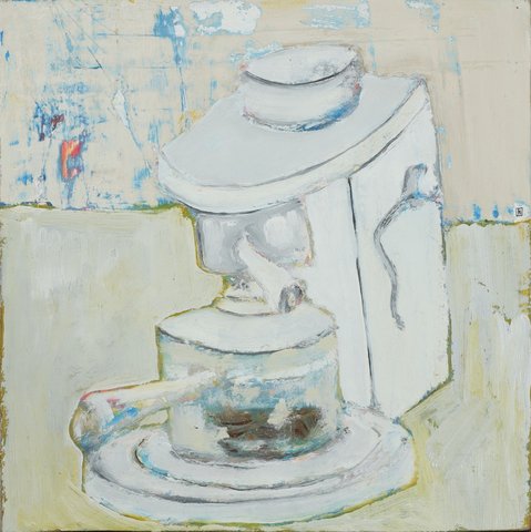 Oil painting of a white espresso machine rendered in thick impasto brushstrokes, with a cup on the drip tray, set against a pale cream and blue background.