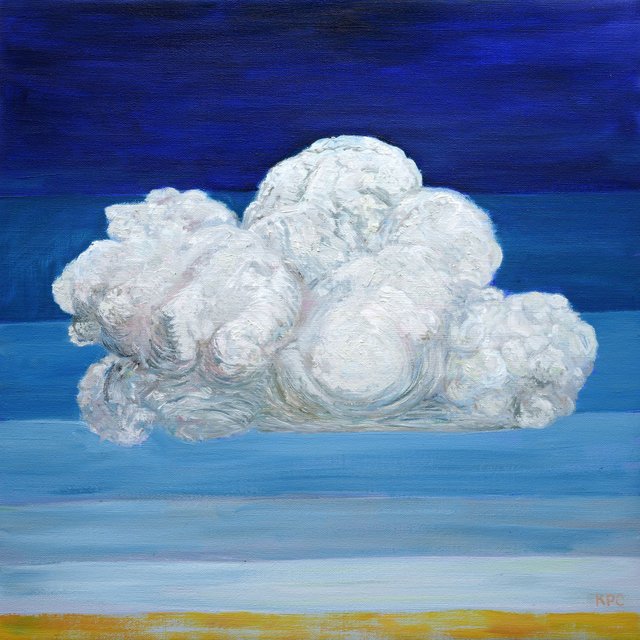 Oil painting of a single luminous white cumulus cloud floating against a background of horizontal bands graduating from deep navy blue at the top through medium blues to pale blue and a warm golden-yellow horizon line at the bottom.