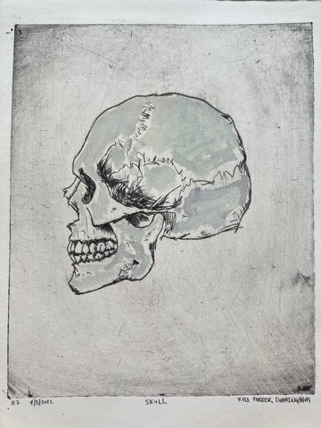 Intaglio drypoint print of a human skull in three-quarter profile view facing left, with detailed cross-hatching around the eye socket and jaw, hand-colored with subtle washes of pale green and blue-gray across the cranium.