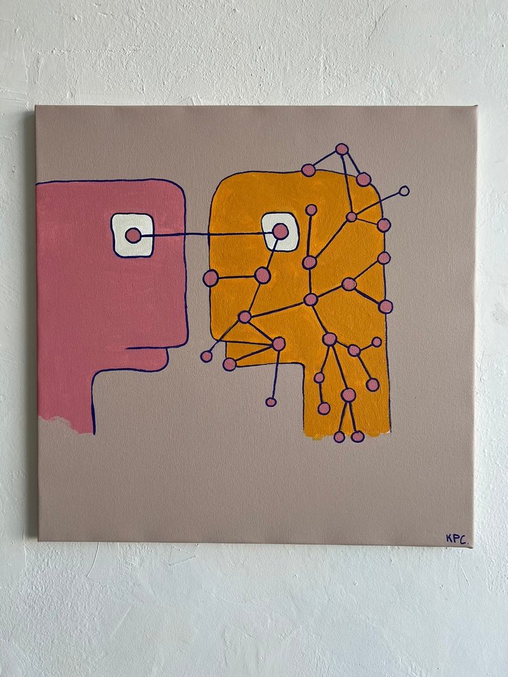 Acrylic painting on canvas of two abstract faces in profile — one pink and one orange — connected by a network of purple lines and pink dots resembling a circuit diagram, on a warm beige background.