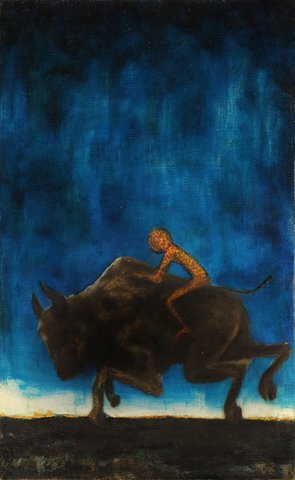 Oil painting of a glowing orange-speckled figure riding atop a dark silhouetted bison against a dramatic deep blue twilight sky, with a thin orange horizon line below.