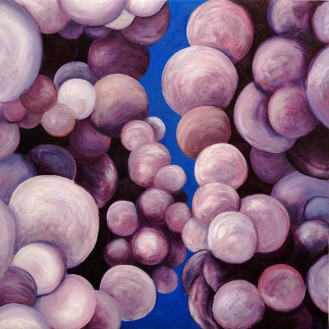 Oil painting of clusters of luminous spheres in soft lavender, mauve, plum, and white tones filling most of the canvas, with a strip of vivid blue sky visible between two large masses of bulbous cloud-like forms.