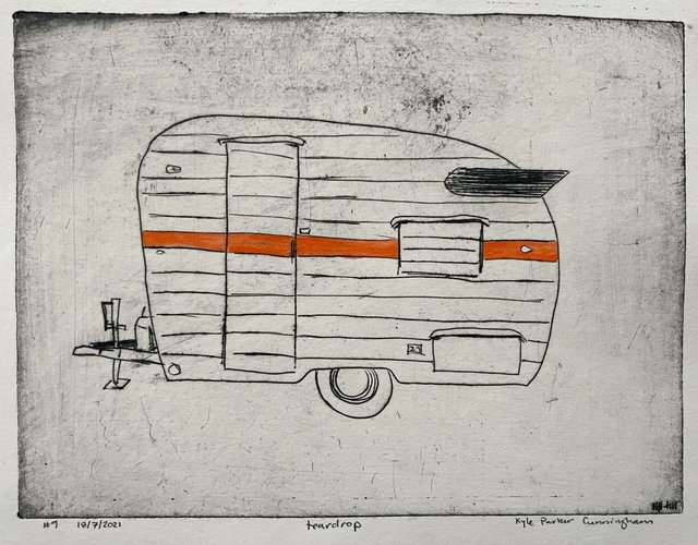 Drypoint intaglio print of a vintage teardrop camper trailer in profile, with black linework showing horizontal siding, a door, window, and tail fin, accented by a bold orange-red stripe across the middle.