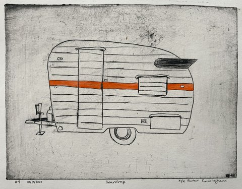 Drypoint intaglio print of a vintage teardrop camper trailer in profile, with black linework showing horizontal siding, a door, window, and tail fin, accented by a bold orange-red stripe across the middle.