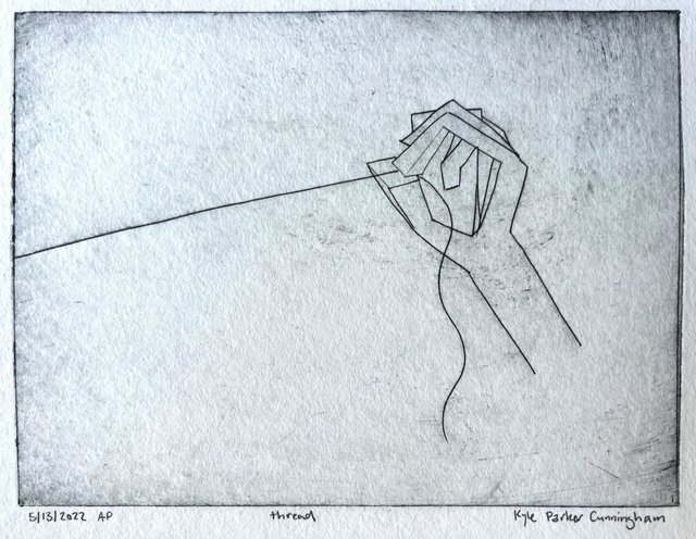 Intaglio drypoint print in spare line of a hand drawn as folded geometric facets, gripping a taut line that runs off to the left edge while a loose thread wavers down from it. Dated and signed in pencil.