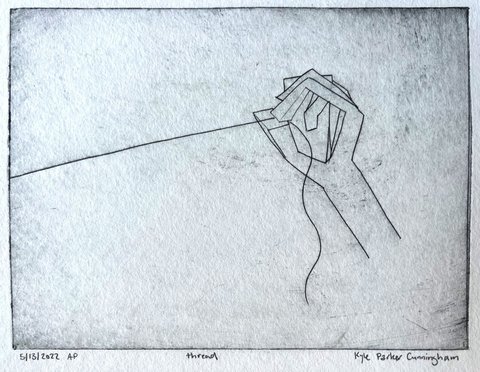 Intaglio drypoint print in spare line of a hand drawn as folded geometric facets, gripping a taut line that runs off to the left edge while a loose thread wavers down from it. Dated and signed in pencil.